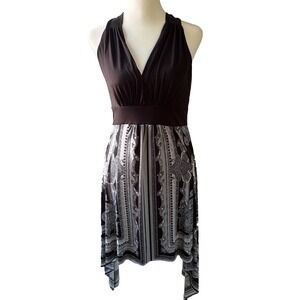 Medium Halter Dress MUSA USA Black‎ Paisley Handkerchief Hem V Neck Size Med y2k